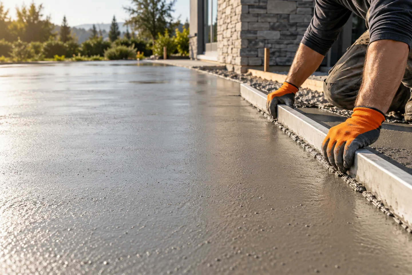 A contractor levels a freshly poured concrete patio